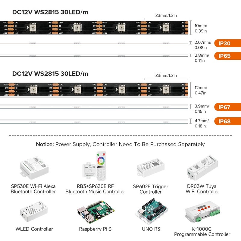 BTF-LIGHTING WS2815 (Upgraded WS2812B) 16.4ft 150 Pixels Magic Dream Color Individually Addressable RGB LED Flexible Strip Light 5050 SMD Dual Signal IP67 Tube Waterproof DC12V Black PCB - Image 2